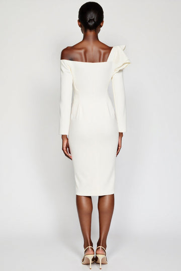 Sparkly White One Shoulder Long Sleeves Ruched Midi Work Dress with Rhinestone